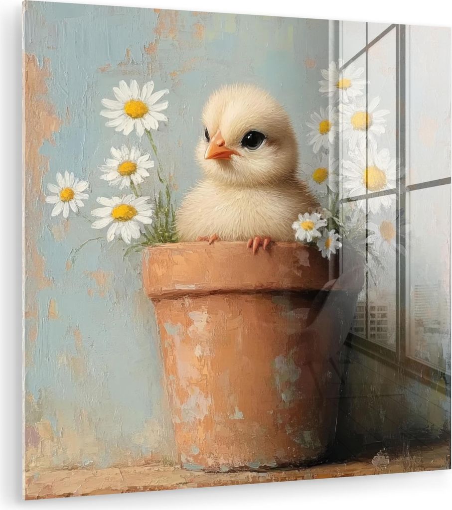 MuchoWow Glasbilder - Bilder auf Wandbild - Foto auf Glas Blumentopf - Küken - Blumen 20x20 cm Wanddekoration aus Glas - Acrylglasbild - Acrylbild...