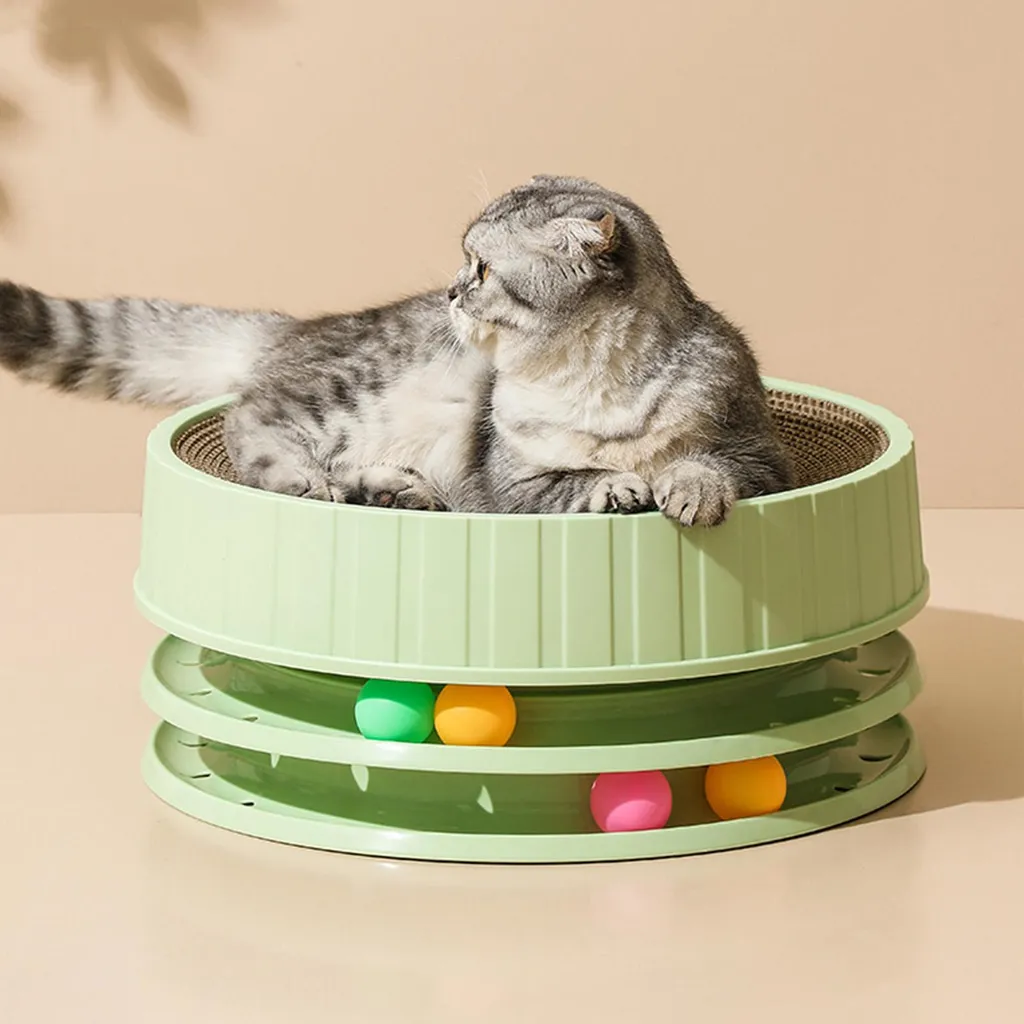 Griffoir chat résistant haute densité et jouet rond interactif vert 35cm - 5