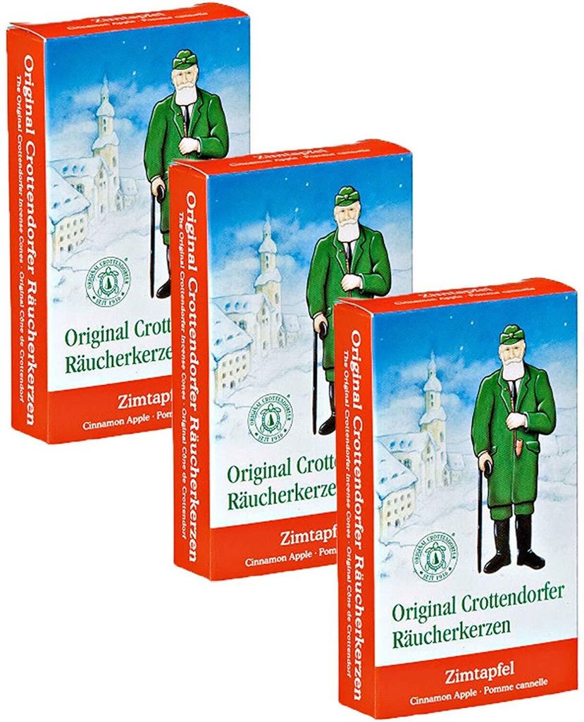 Crottendorfer Räucherkerzen 4er Pack – Zimtapfel, Kaminzauber, Winterorange, Adventsduft (je 24 Stück) Mit Messingteller, Geschenkverpackung