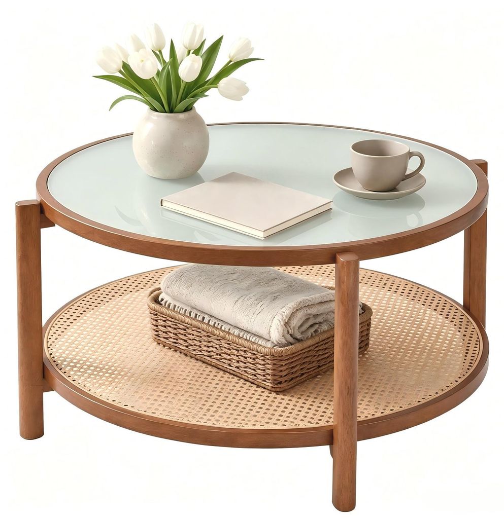 KOMFOTTEU Runder Couchtisch mit Glasplatte & Rattanablage Produktbild 
