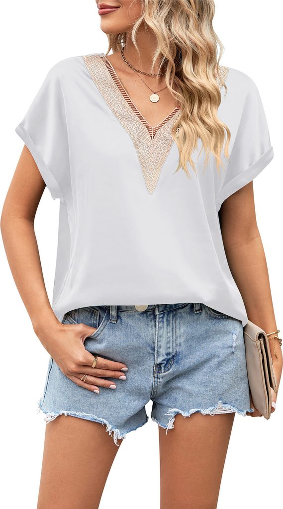 ASKSA Damen T-Shirt Sommer Satin Spitze V-Ausschnitt Oberteile Elegant Casual Bluse Tops, Weiss, Groesse: M