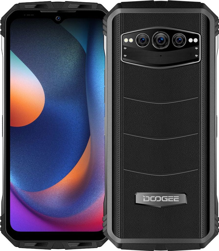 A black rugged smartphone is shown from the front and back.