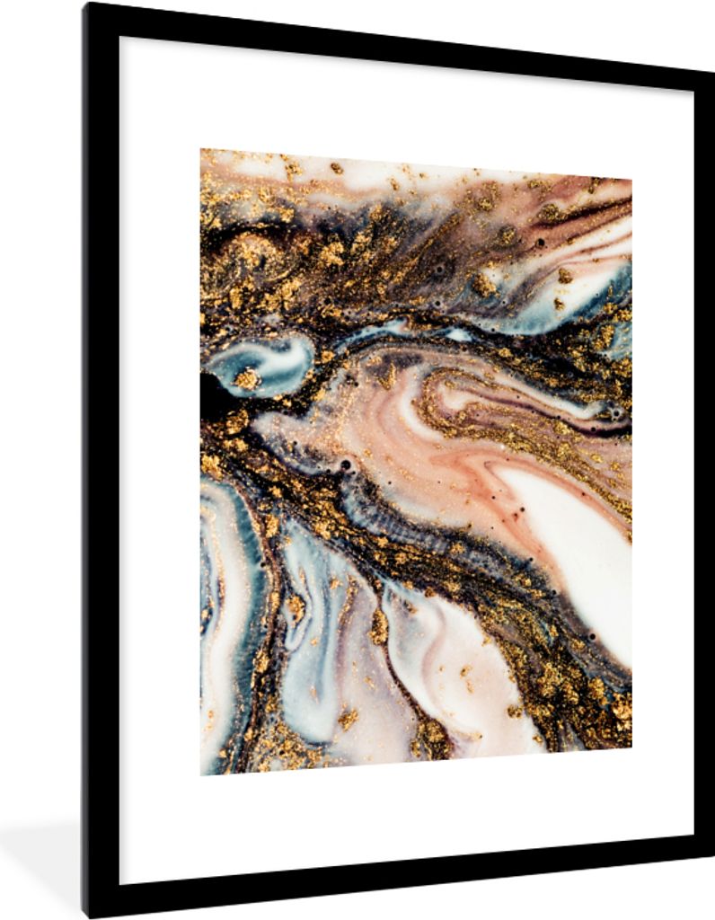 MuchoWow Gerahmtes Poster Marmoroptik - Gold - Schwarz - Glitzer - Chic 60x80 cm - Poster mit Schwarzem Bilderrahmen Wandposter Rahmen Foto Bilde...
