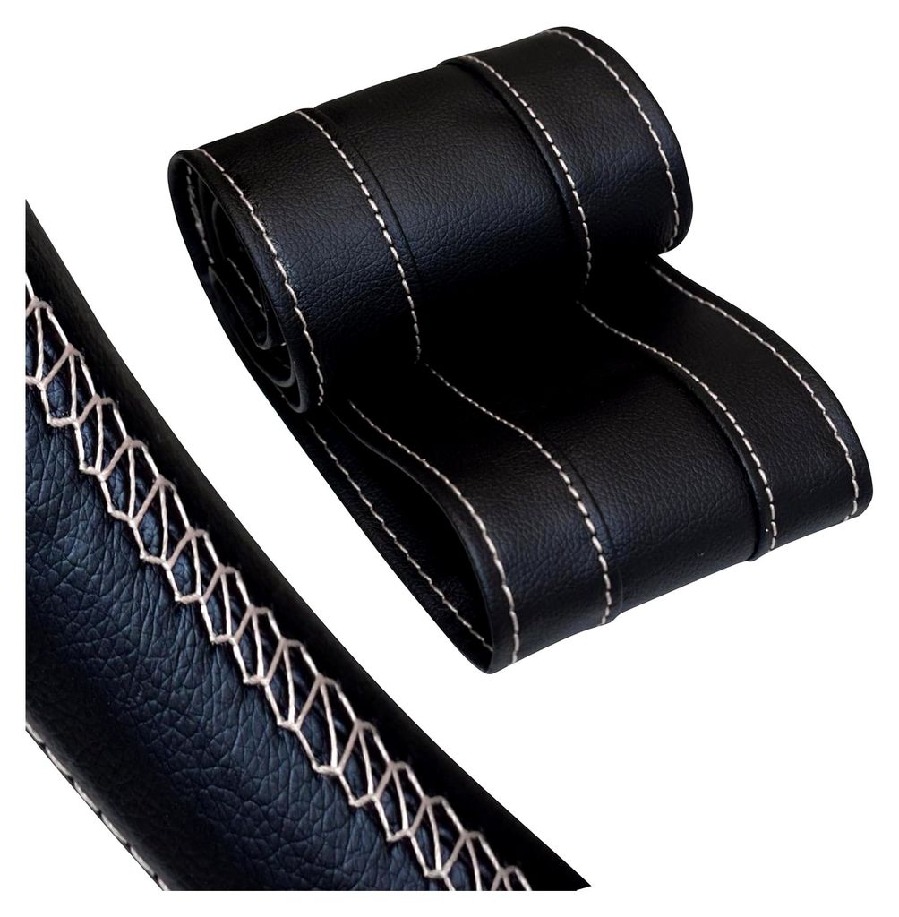 Lenkradbezug aus Kunstleder, Auto Lenkradhülle zum Nähen mit Nadel und Faden, Sportdesign M3, Schwarz mit weißer Naht, Universalgröße 37-38 cm