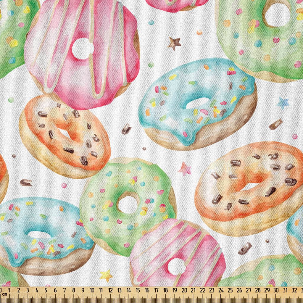 ABAKUHAUS Aquarell Microfaser Stoff als Meterware , Süßes köstliches Schaumgummiring-Muster mit verschiedenen Aromen besprüht Stern-Hintergrund...
