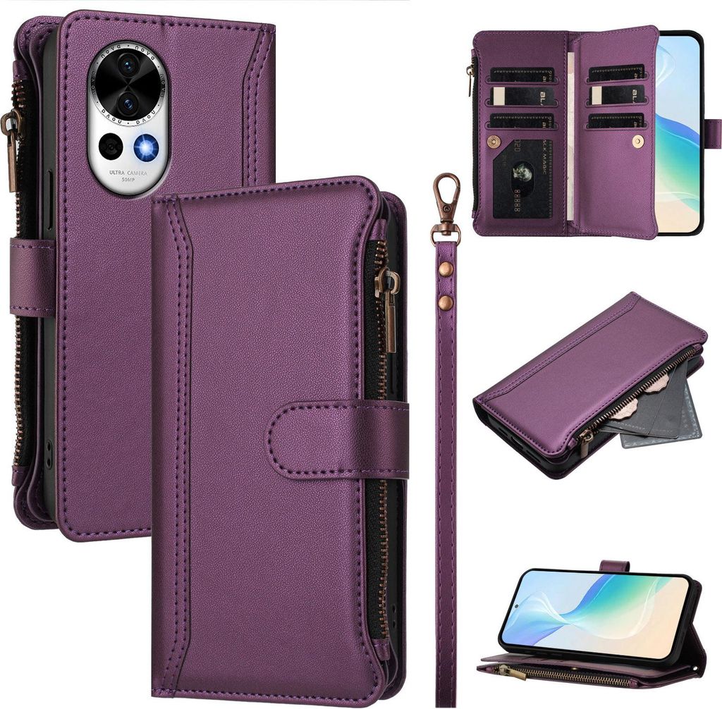 Handyhülle für Huawei Nova 13 Reißverschluss Geldbörse Kunstleder Klapphülle mit Kartensteckplatz, Ständer, Handschlaufe Lila