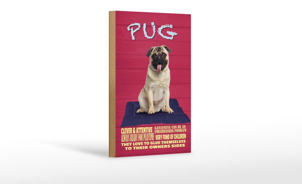 Holzschild Spruch 12x18cm Pug Hund clever attentive