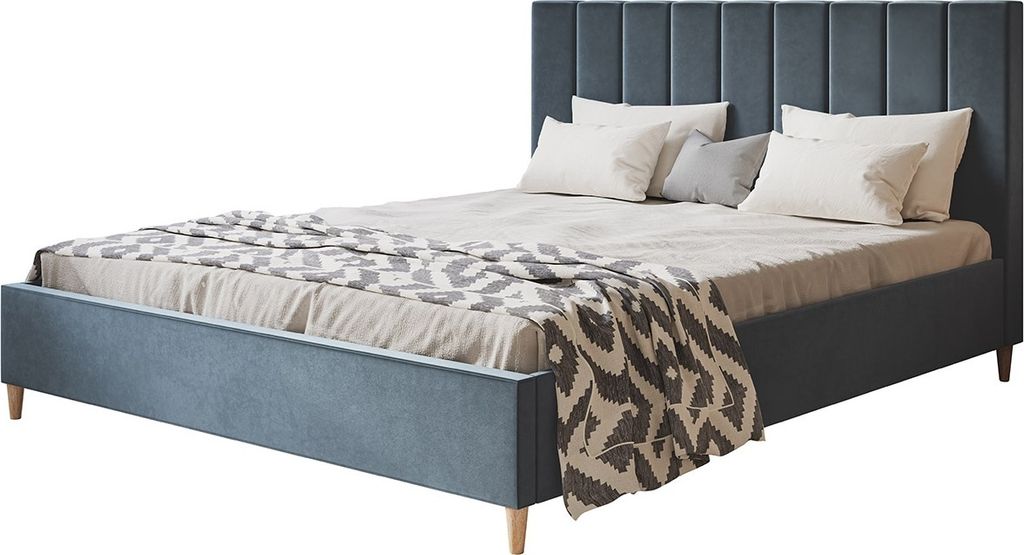 Polsterbett LUX TOKIO mit Kopfteil, 180 x 200 cm, Doppelbett mit Lattenrost aus Holz, Velourstoff Blau, Füße in Farbe: Braun