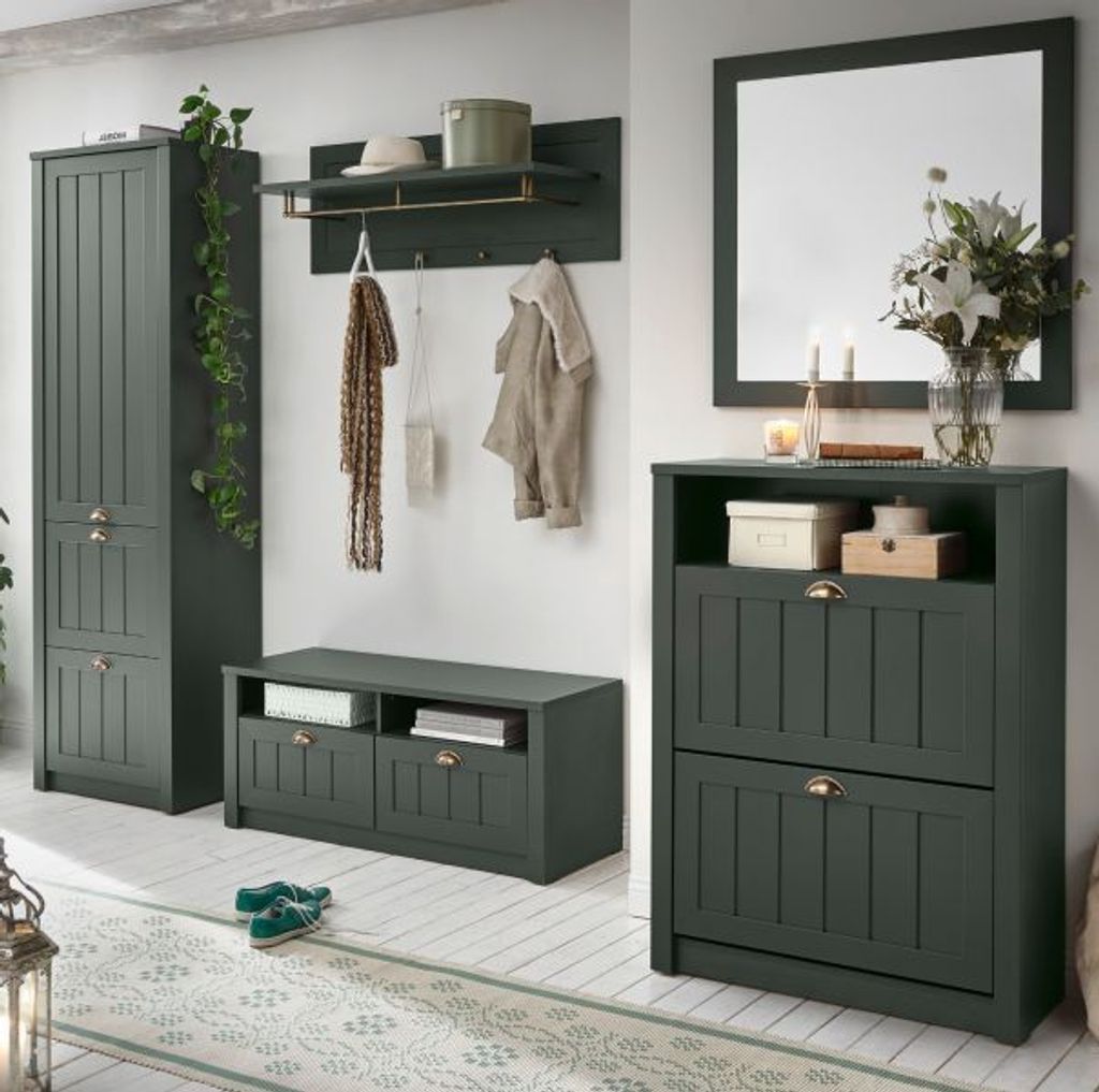 Garderobe Set Forres 5-teilig mit großem Schrank und Kommode Landhaus grün 280 cm