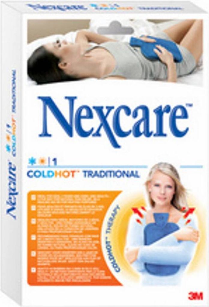 A box for a Nexcare ColdHot Traditional gel pack, showing a woman using it on her shoulder and another woman using it on her abdomen.