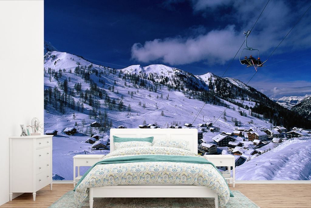MuchoWow Fototapete für Wohnzimmer oder Schlafzimmer Wandtapete Vinyl Motivtapete Skigebiet in Liechtenstein an einem Wintertag - 330x220 cm - F...