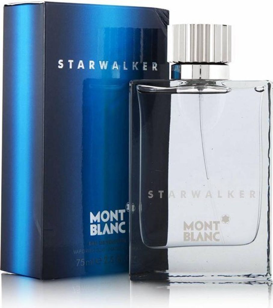 A bottle of Mont Blanc Starwalker eau de Toilette for men and its packaging are displayed on a white background.