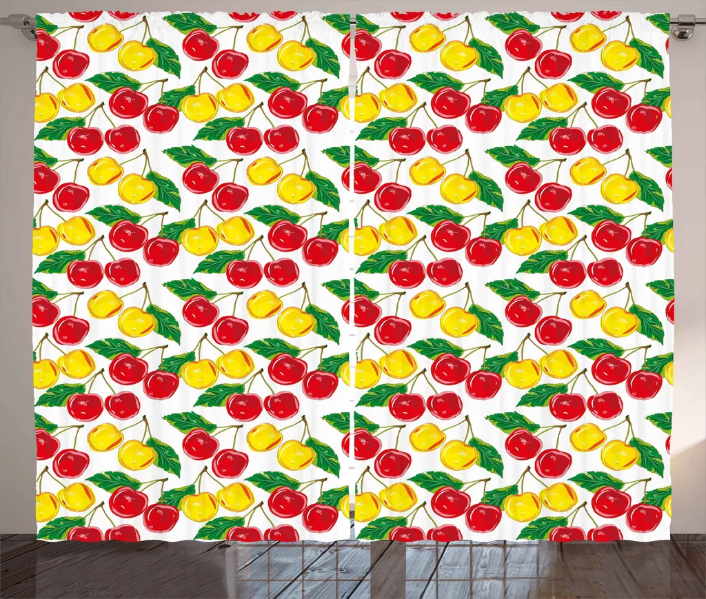 Rideau à Boucles et Crochets Imprimé Cerises Jaune 280x225 cm Qualité