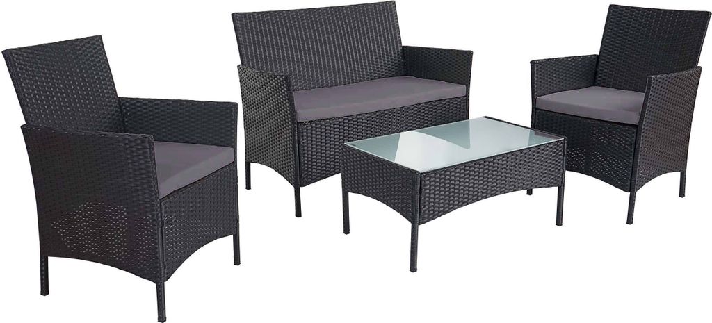 2-1-1 Poly-Rattan Garten-Garnitur Halden, Sitzgruppe Lounge-Set Sofa anthrazit, Kissen anthrazit