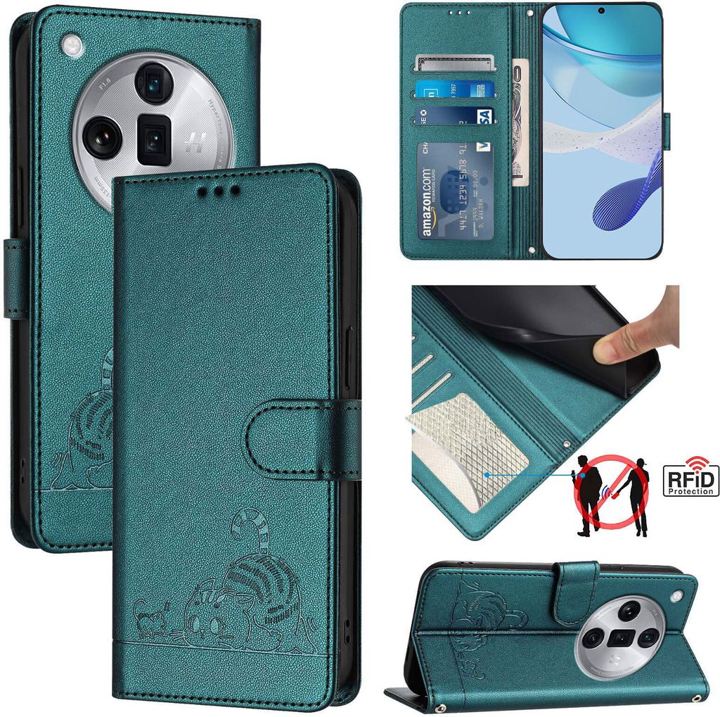 Leder Hülle für Oppo Find X7 Ultra Süße Katze Flip Case Brieftasche Schutzhülle mit Standfunktion Grün