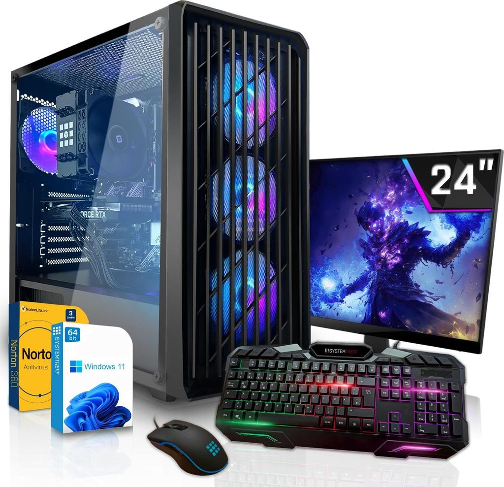 SYSTEMTREFF Gaming Komplett Set - Ryzen 5 5600 - Nvidia GeForce RTX 3050 6GB - 16GB DDR4 - 256GB NVMe + 512GB SSD - 24 Zoll TFT - Desktop PC