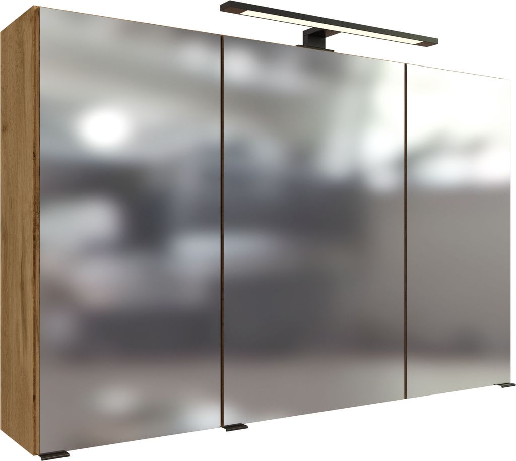 Badezimmerspiegelschrank "Manchester" aus MDF in wotaneiche mit 3 Türen und 6 Einlegeböden. Abmessungen (B/H/T) 100x64x20 cm