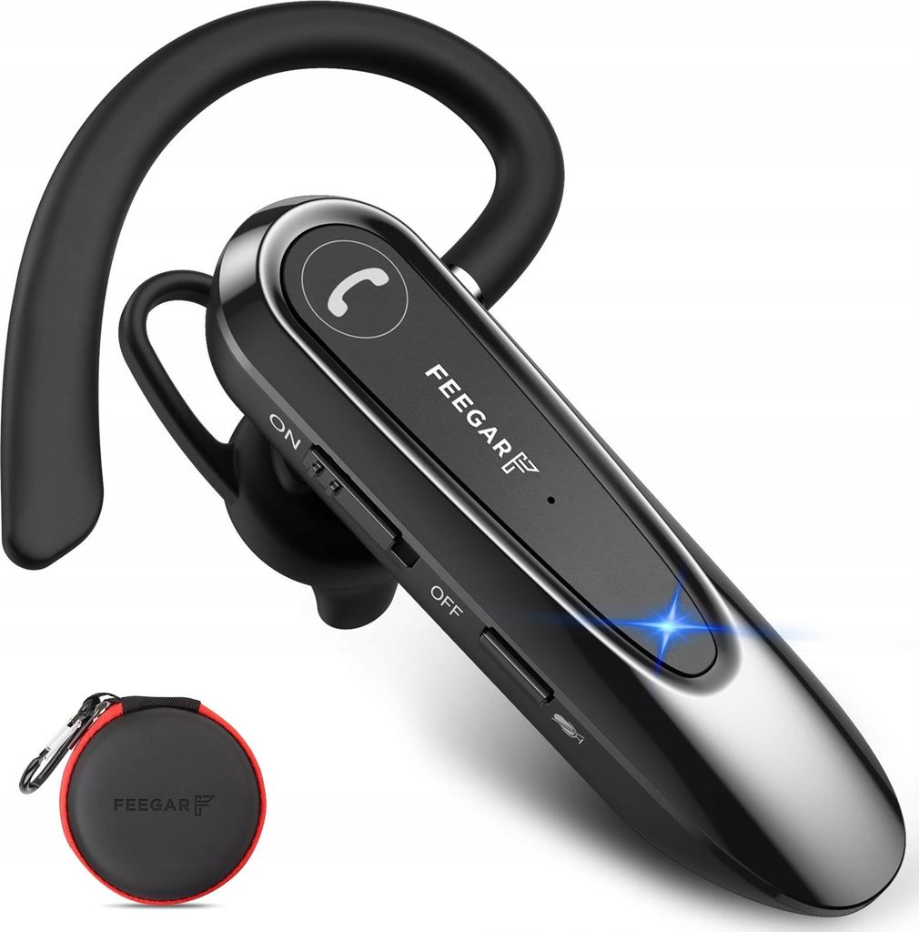 A close-up studio shot of a black and silver Bluetooth headset with a charging case.
