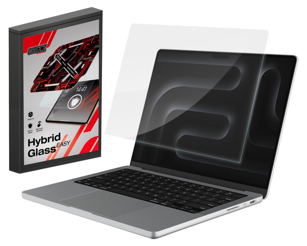 Bildschirmglas für MacBook Pro 14" M5 Pro 2026, Grizz HybridGlass Easy mit App-Rahmen