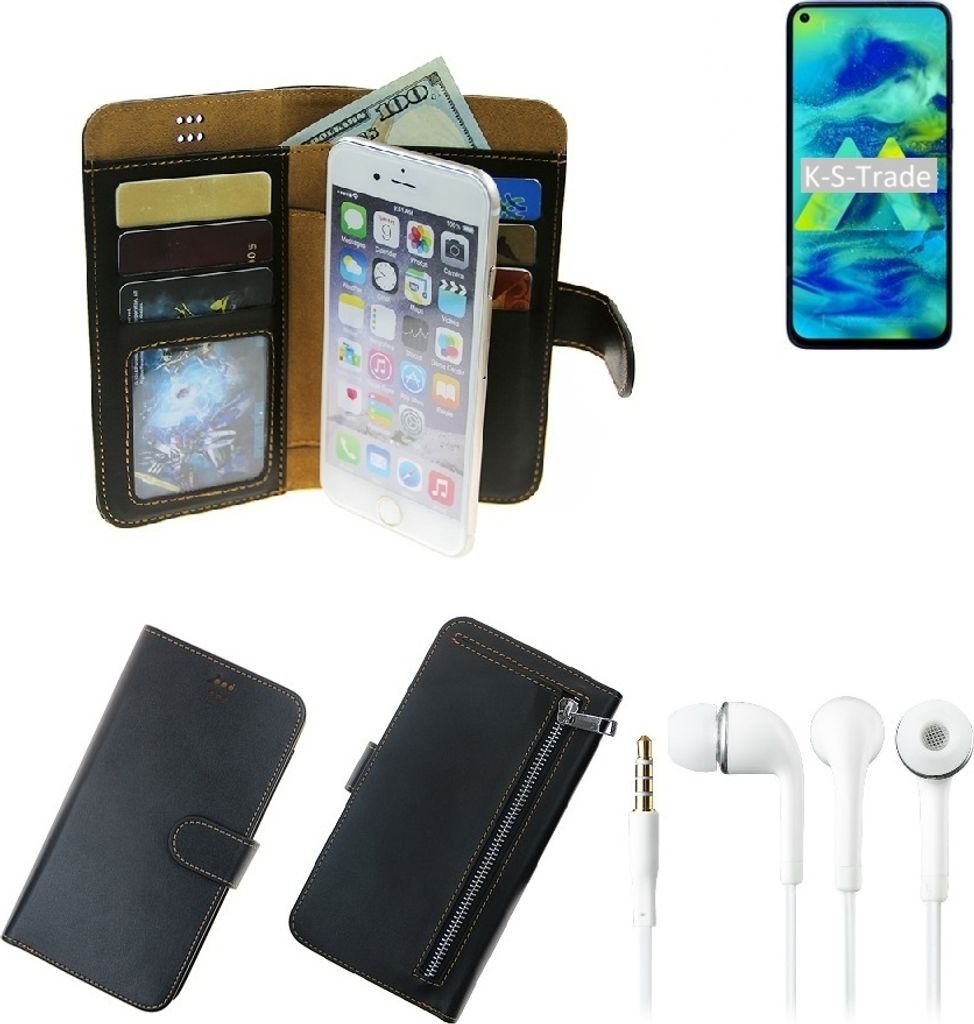 TOP SET Handy Hülle Schutz Hülle kompatibel mit Samsung Galaxy M40 schwarz aus Kunstleder + Kopfhörer Smartphone Tasche vollwertige Geldbörse
