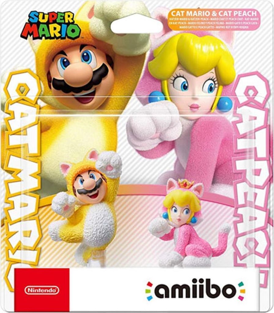 The image shows the packaging for Nintendo amiibo figures of Cat Mario and Cat Peach.