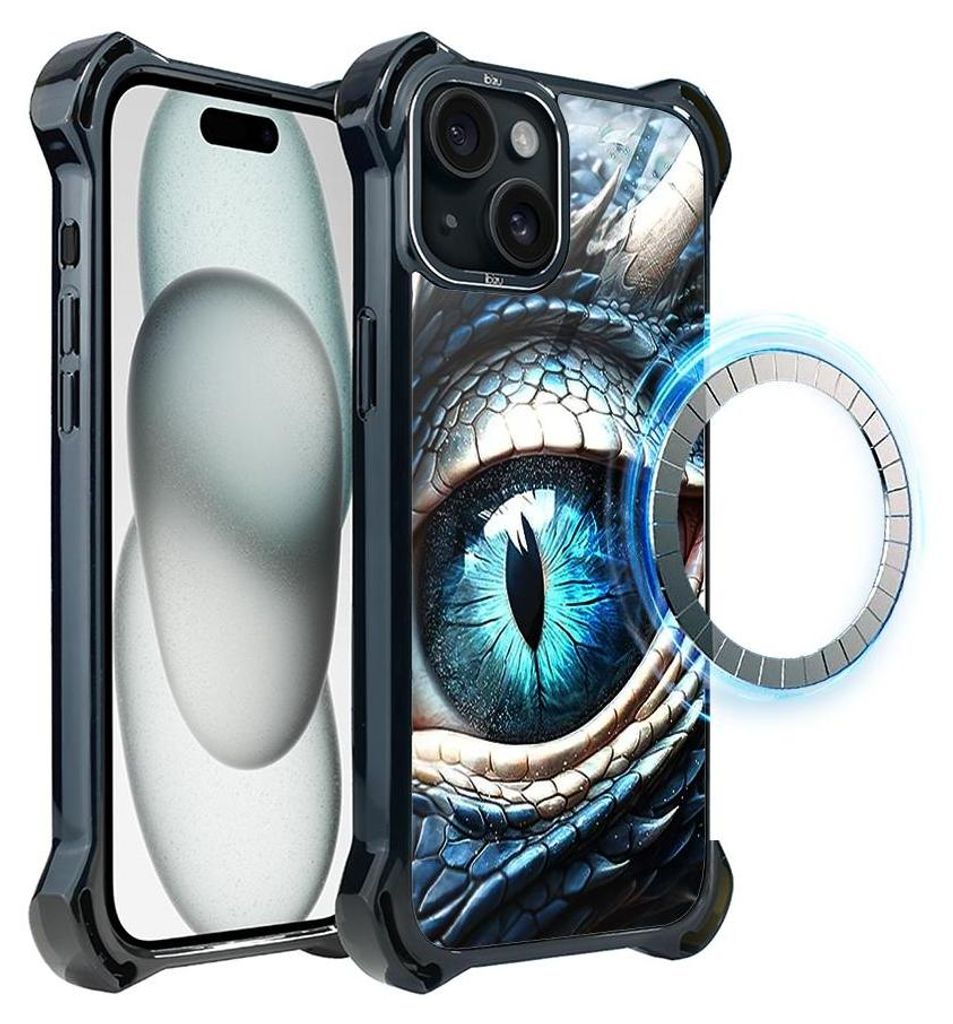 Schutzhülle für das iPhone 15, MagSafe-kompatibel, verstärkte Ecken, schwarz, Das blaue Auge des Drachen