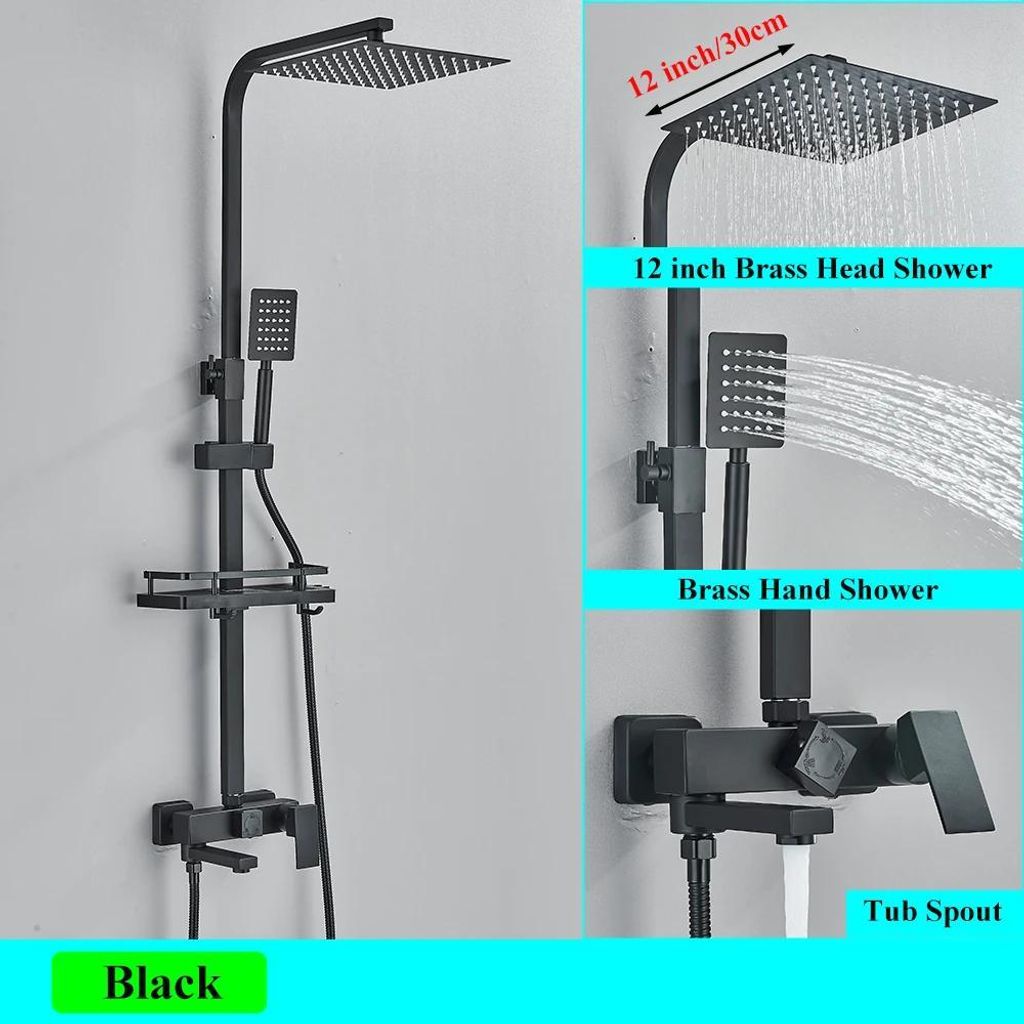 Regendusche Duschsystem - Wandmontage - 30 cm Duschkopf - Ablage - 3-Wege Umsteller - 304 Edelstahl - Schwarz