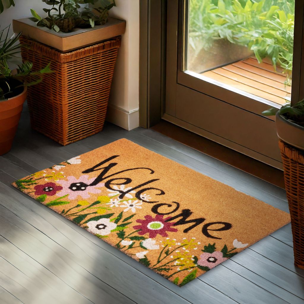 BRUBAKER Fußmatte Welcome mit Blumenwiese - 45x75 cm Kokos Schmutzfangmatte - Wetterfest & Rutschfest - Braun