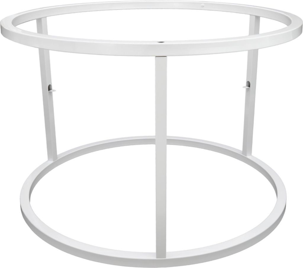 A white metal table base with a circular top and bottom rim, supported by four vertical legs.