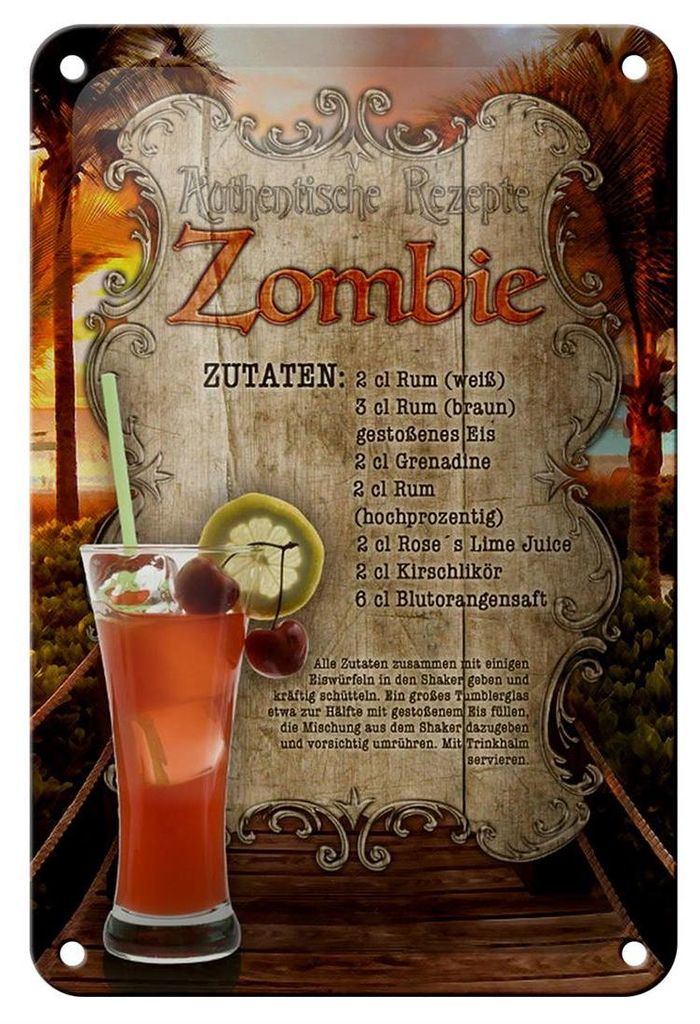 Blechschild Rezept 12x18cm Zombie Zutaten Rum Grenadine