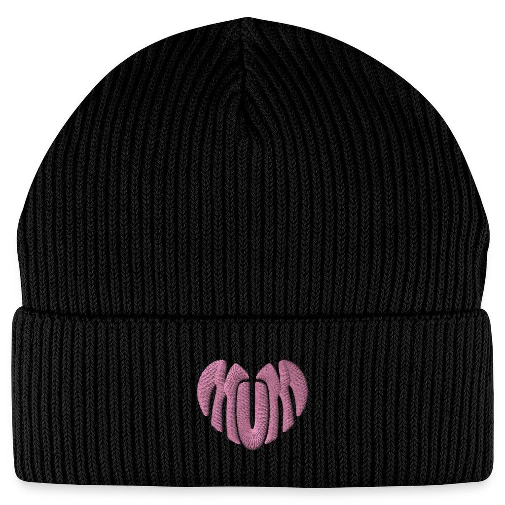 Spreadshirt Stickerei Mum Pinkes Herz Fisherman Beanie Bio Mütze, One size, Schwarz
