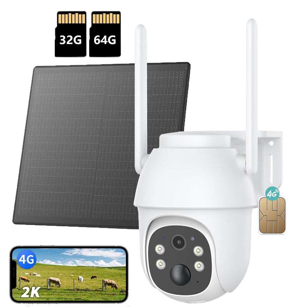 4G LTE Überwachungskamera Aussen Solar mit SIM Karte 2K HD 3MP PTZ Kabellos Kamera Ohne WLAN Outdoor Akku Farb/IR Nachtsicht PIR Erkennung mit 32G...