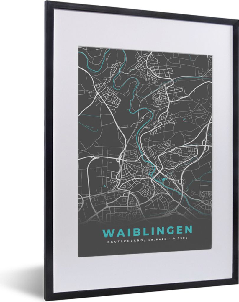 MuchoWow Gerahmtes Poster Deutschland - Blau - Waiblingen - Stadtplan - Karte 30x40 cm - Poster mit Schwarzem Bilderrahmen Wandposter Rahmen Foto...