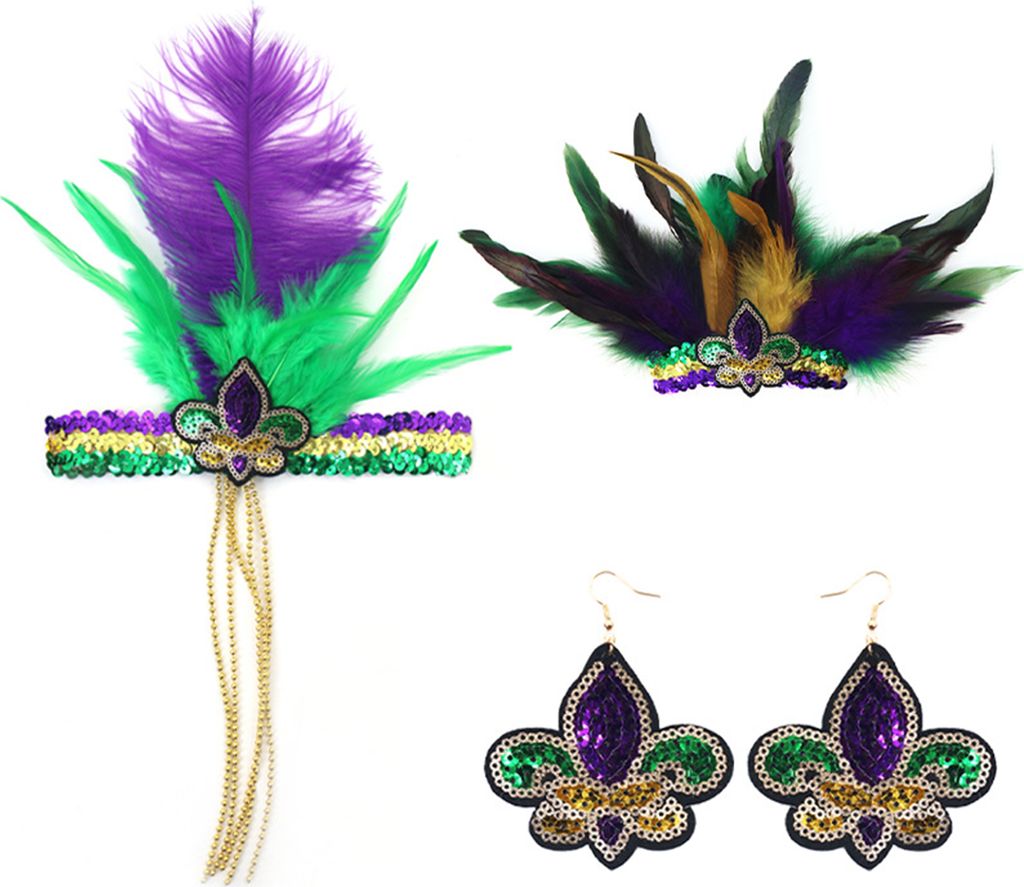 Mardi Gras Feder Stirnband Damen Maskerade Kopfschmuck Armband Ohrringe Set Pailletten Glitzer Haarband Kostüm für Karneval Party Zubehör G