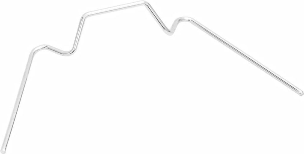 A single, silver, metal clip with multiple bends, isolated on a white background.