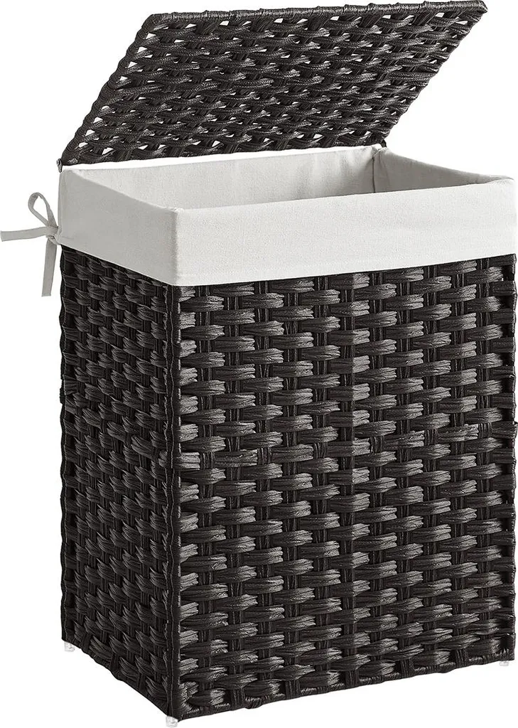 Panier à linge noir en polyrotin tressé à la main avec couvercle 60L