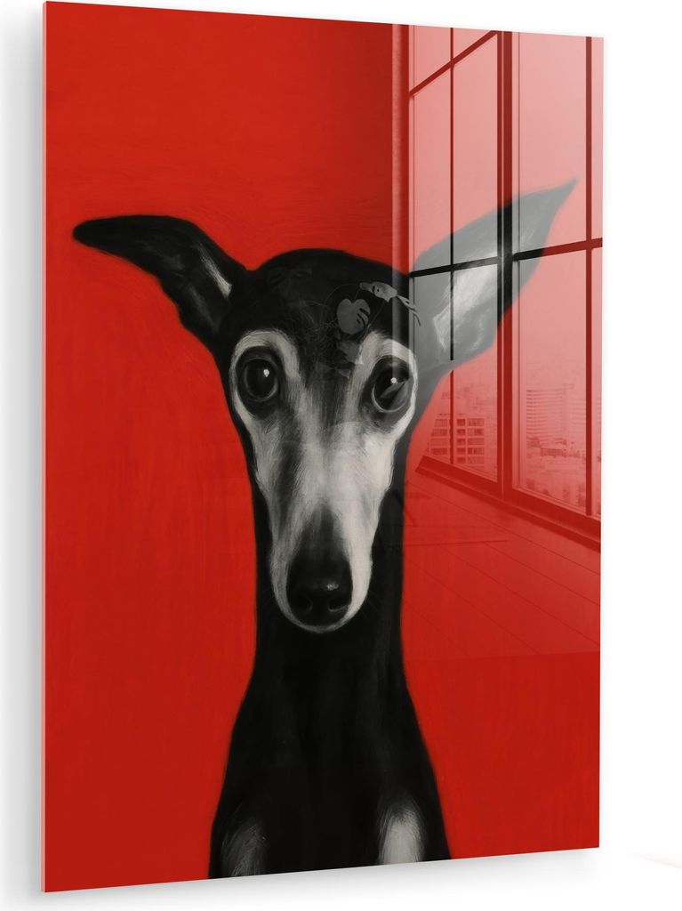 MuchoWow Glasbilder - Bilder auf Wandbild - Foto auf Glas Windhund - Minimalistisch - Rot 60x80 cm Wanddekoration aus Glas - Acrylglasbild - Acrylb...