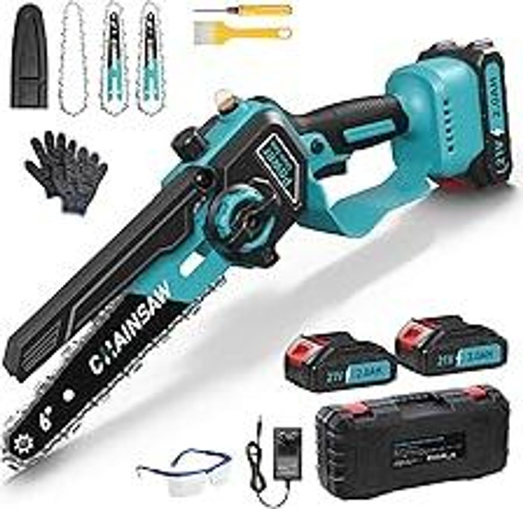 Akku Kettensäge, Mini Kettensäge mit Akku 6 Zoll mit 1000W Bürstenloser Motor, 2 x 2000mAh Akku Säge für Makita 18V Akku, mit Automatischer Ö...