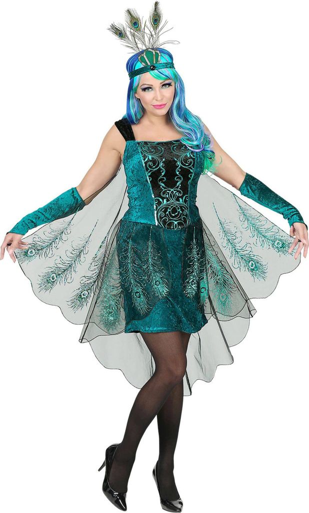 Prachtvolles Pfauenkostüm für Damen Karneval-Verkleidung türkis-schwarz M