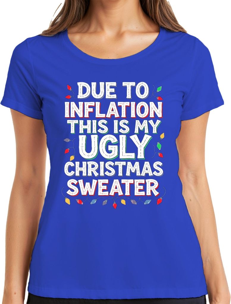 Due To Inflation Ugly Christmas Sweater lustig Weihnachten Retro Damen T-Shirt, Blau, M