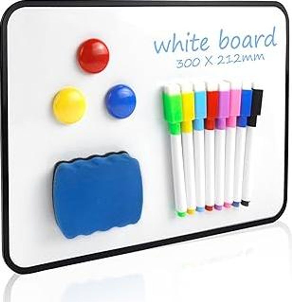 Whiteboard Klein 30 x 21 cm Doppelseitige Whiteboard Magnetisch Trocken Abwischbare Tafel Weiß A4 Schreibtafel mit 8 Stiften 3 Magneten und 1Radie...