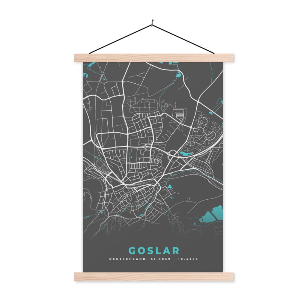 MuchoWow Textilposter Blau - Deutschland - Karte - Stadtplan - Goslar 120x180 cm mit holzfarbenen Rahmen - Textil-Plakat
