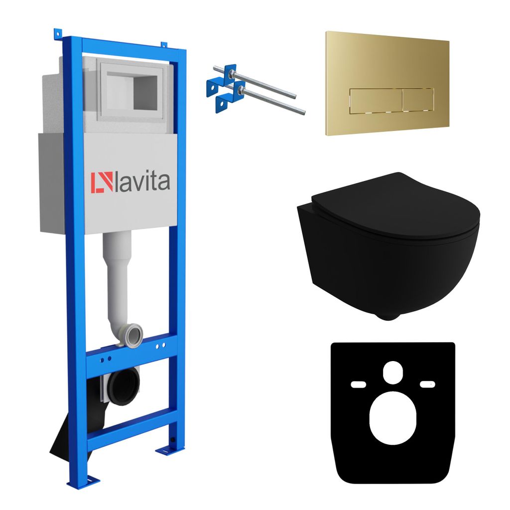 Lavita LAV 101 Vorwandelement für WC 40cm + Wand Hänge Tiefspül WC BRAVA Schwarz Spülrandlos + Bedienplatte LAV 200.3.5 Gold | Komplettset | Un...