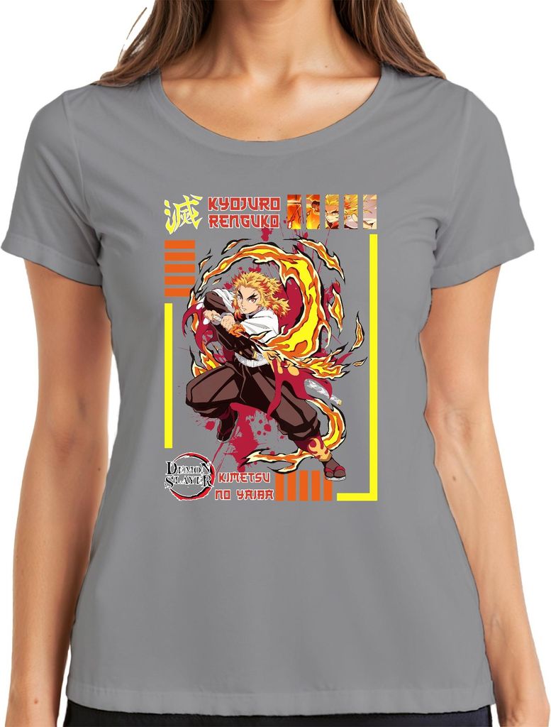 Kyojuro Rengoku Demon Slayer Kimetsu no Yaiba Flamme Hashira Damen T-Shirt, Grau, S
