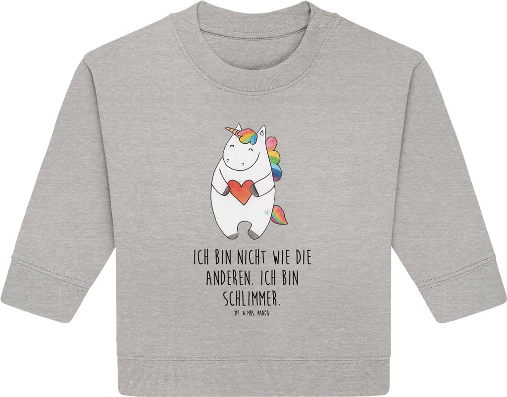 Mr. & Mrs. Panda Organic Baby Pullover Einhorn Herz 6. - 12. Monat - Heather Grey - Geschenk, Unicorn, Freundin, Einhörner, Bullover, Bunt, Witzig