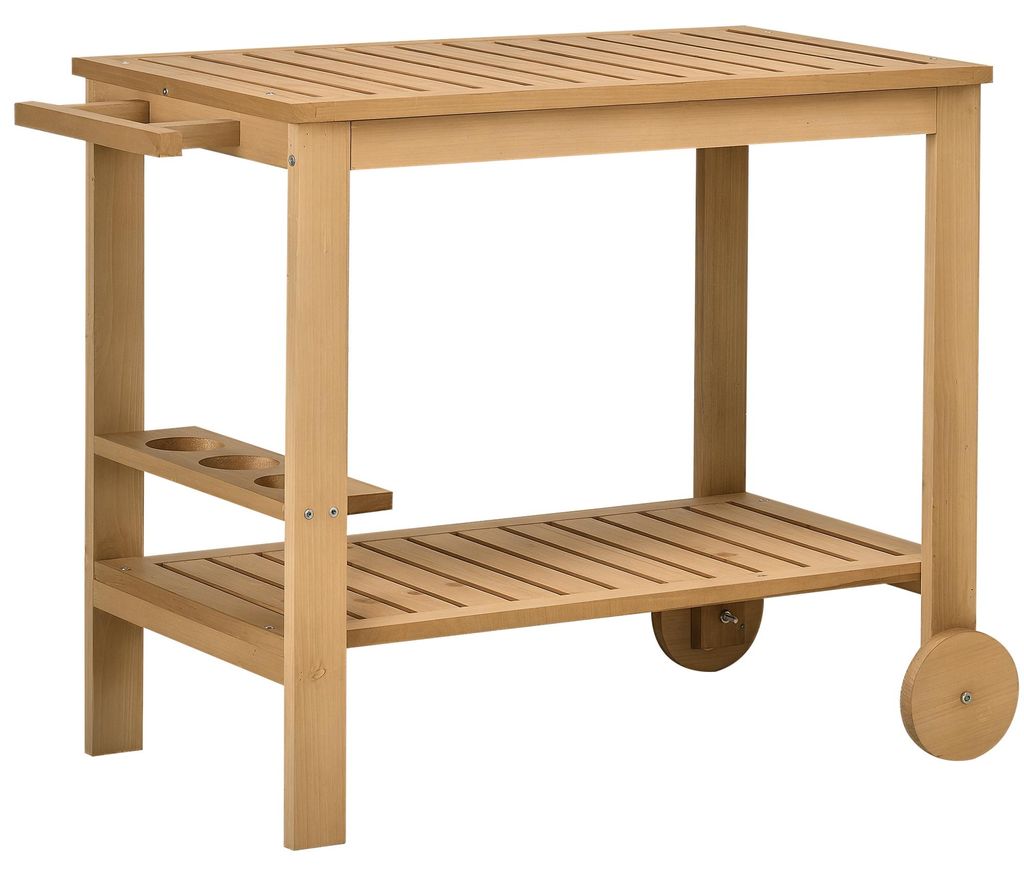 Servierwagen Tannenholz mit Rollen, 95x47x74 cm, Natur, 2 Ablagen, Flaschenhalter, wasserfest lackiert