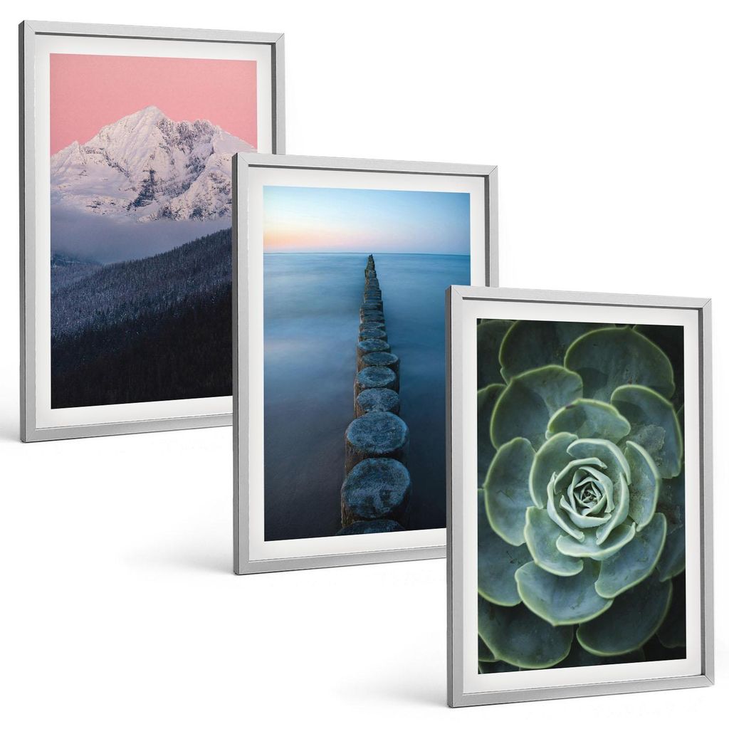 Bilder Set 3-teilig im silbergerahmten Rahmen – Wandbilder 3 Stück – gerahmte Poster für Wohnzimmer, Schlafzimmer und Flur – 40x60 cm – B...