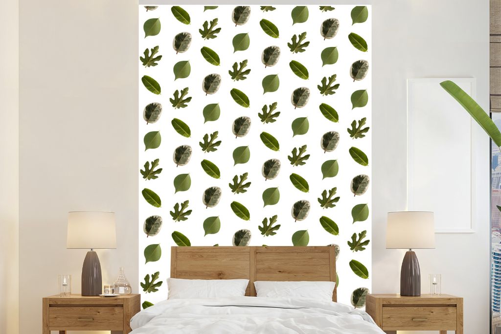 MuchoWow Fototapete für Wohnzimmer oder Schlafzimmer Wandtapete Vinyl Motivtapete Blätter - Grün - Muster - 225x350 cm - Schlafzimmer tapete