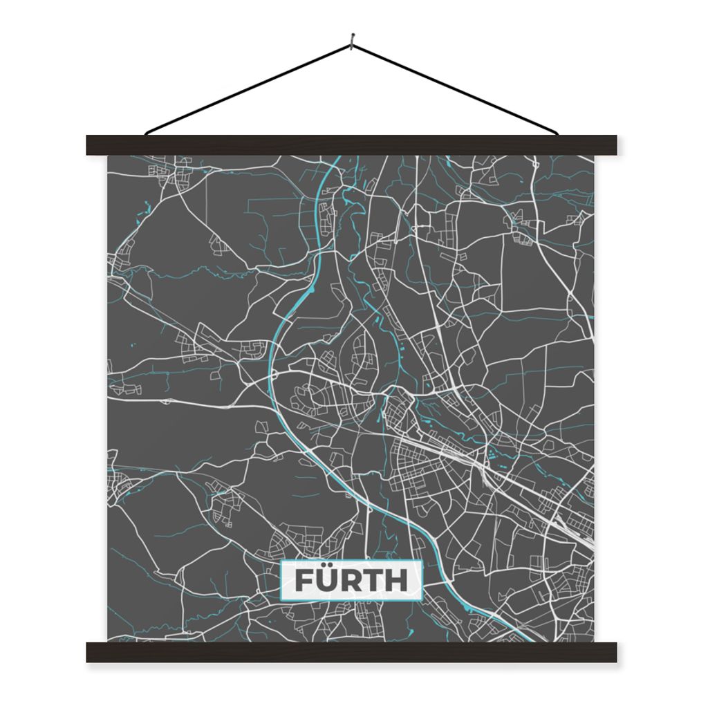 MuchoWow Textilposter Karte - Fürth - Blau - Stadtplan - Deutschland 90x90 cm mit schwarzem Rahmen - Magnetisches