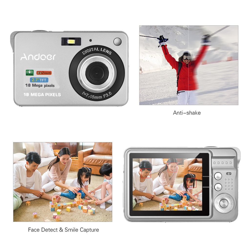 Andoer 18M 720P HD Digitalkamera Video Camcorder mit 2 Stueck Akkus 8X Digital Zoom Anti-Shake 2,7 Zoll LCD Kinder Weihnachtsgeschenk